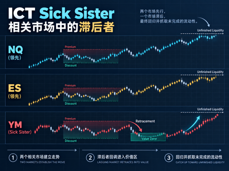 ICT Sick Sister策略示意图:NQ、ES与YM中两者领先、一个市场滞后后回到价值区并追向未完成流动性