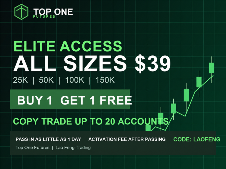 Top One Futures Elite Access 25K至150K账户39美元、买一送一、最多20个账户复制交易和LAOFENG优惠码