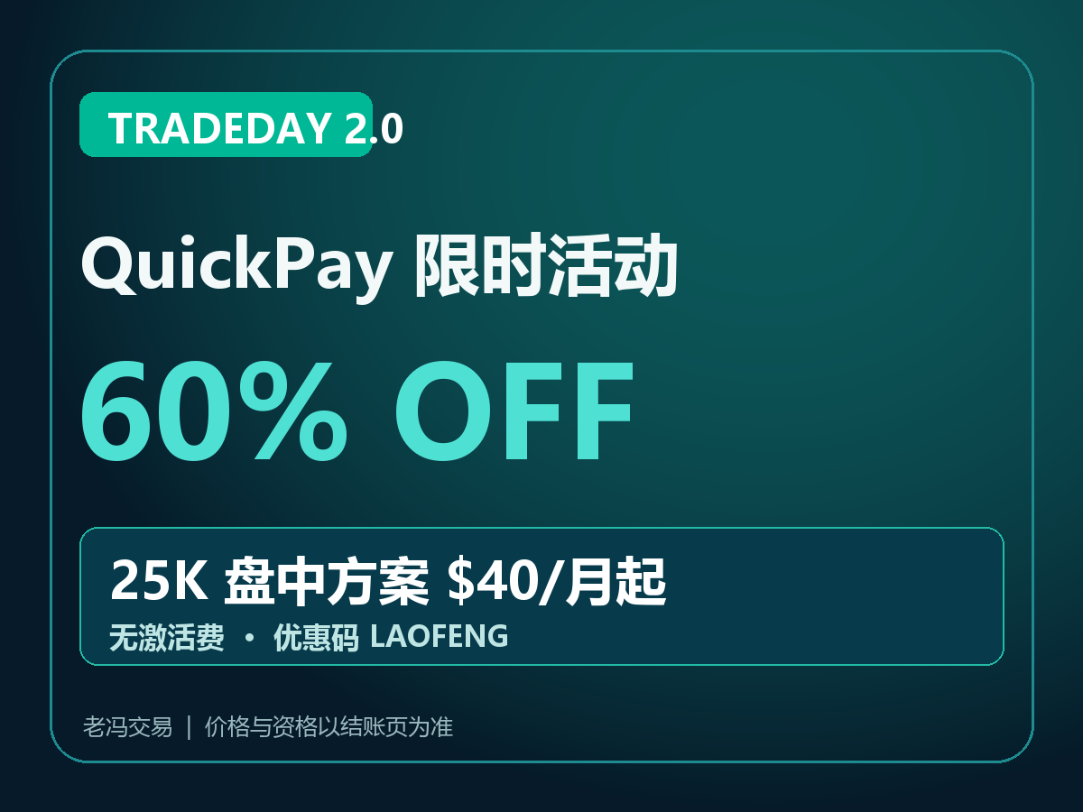 TradeDay QuickPay 60%优惠，25K 盘中方案每月40美元起，LAOFENG优惠码